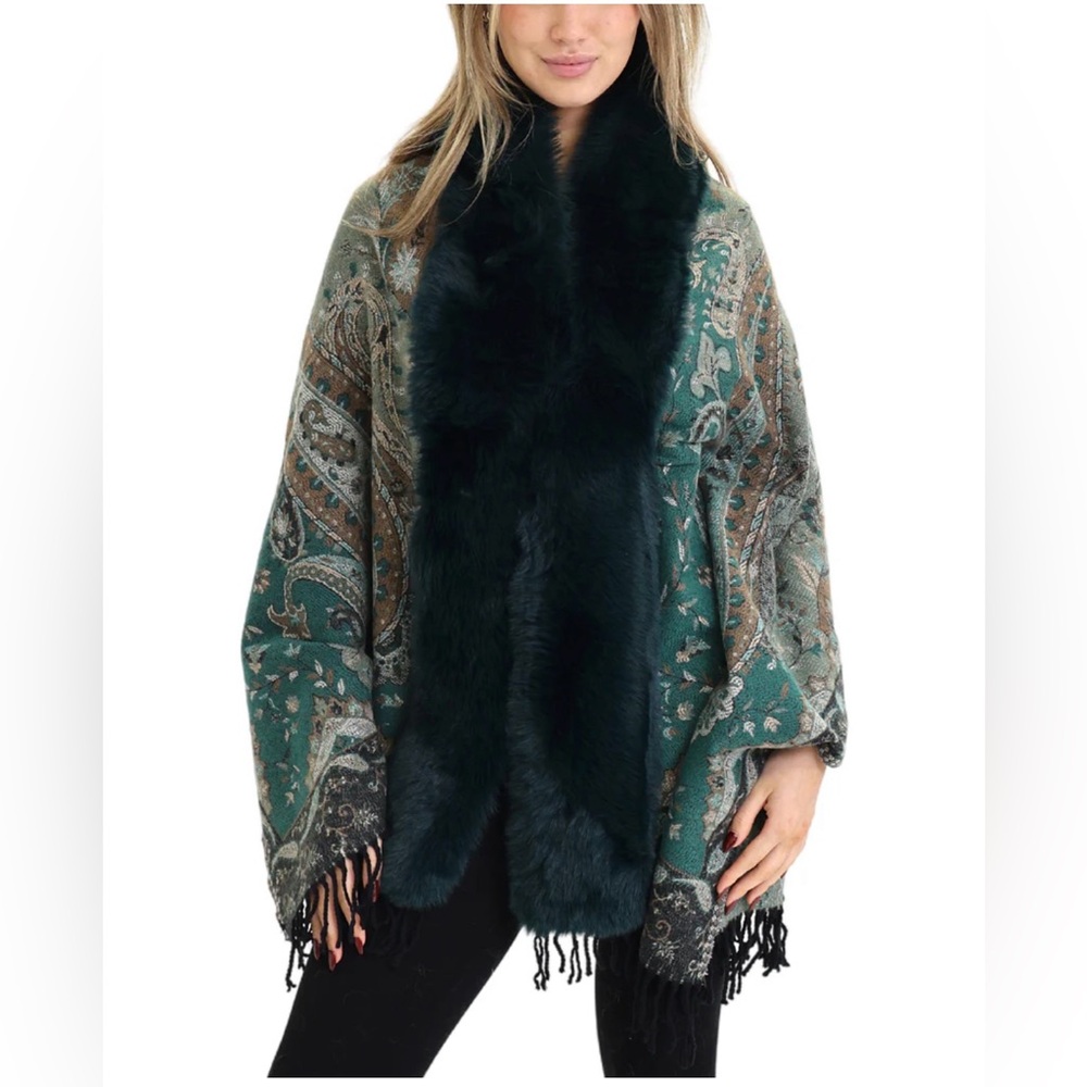 LA FIORENTINA PAISLEY WRAP W/ FAUX FUR TRIM - GREEN